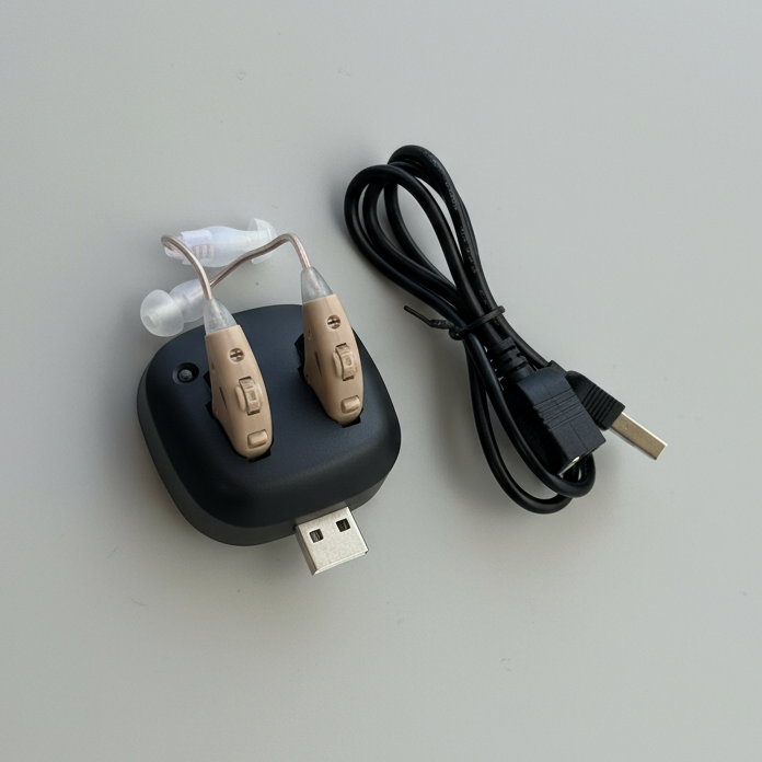 Hearing aids and cable on studio background