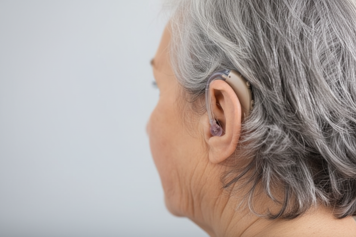 High-resolution elderly woman with hearing aid